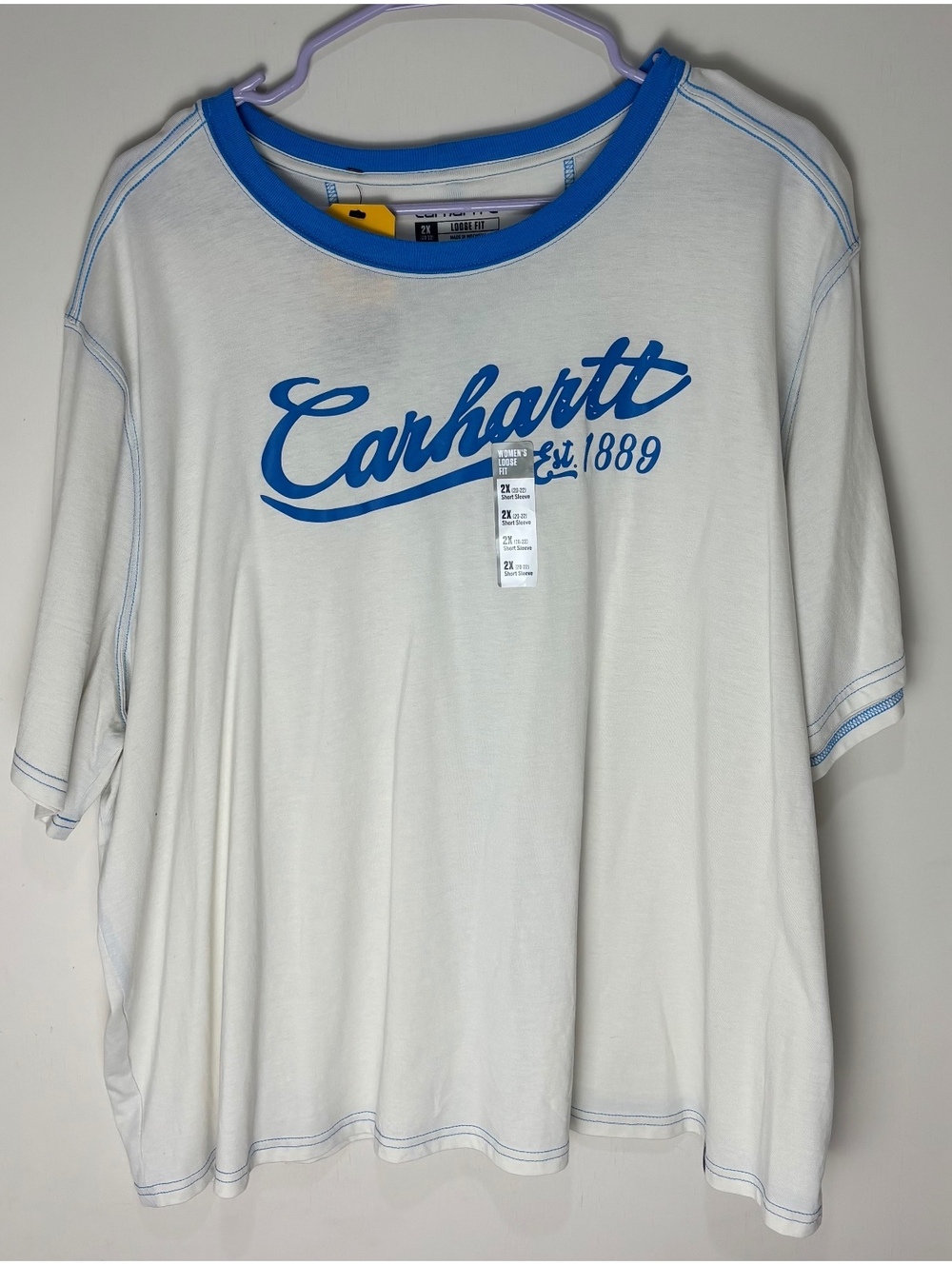 Carhartt Women 2X TENCEL Ringer Graphic Tee Loose Fit Blue White NWT